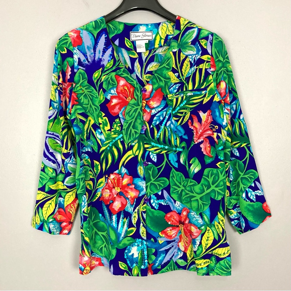 Vintage Silk Tropical Print Blouse Women’s Size M Colorful Button Front  Sequins